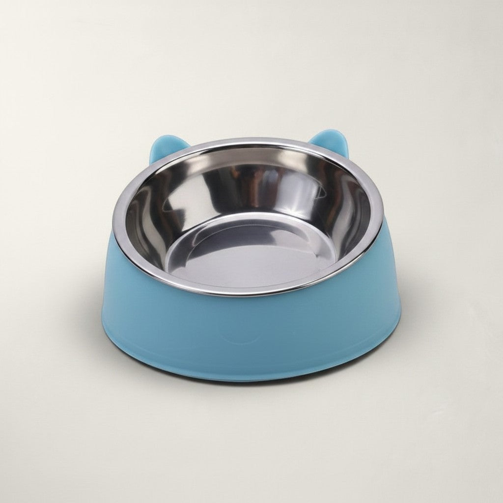 Gamelle pour chat Bofélin bleue avec bol amovible en inox et base inclinée en forme de tête de chat