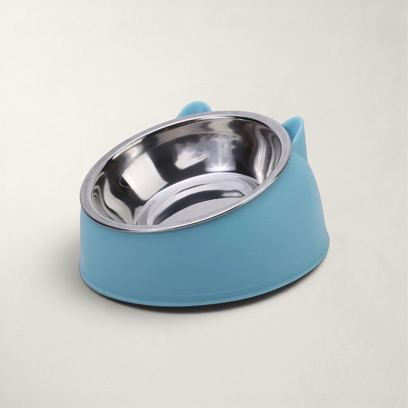 Gamelle pour chat Bofélin bleue inclinée avec bol en inox amovible et base en forme de tête de chat