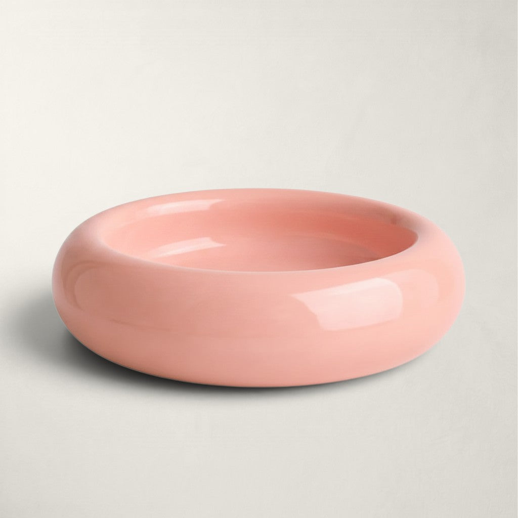 Gamelle pour chat Bofélin en céramique émaillée rose, forme donut peu profonde pour le confort des moustaches