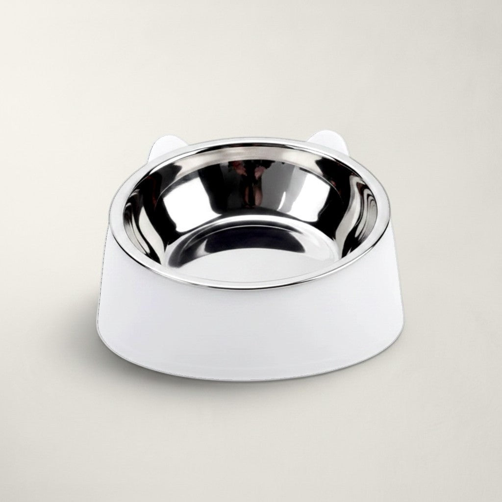 Gamelle pour chat Bofélin blanche inclinée avec bol amovible en inox et base ergonomique en forme de tête de chat