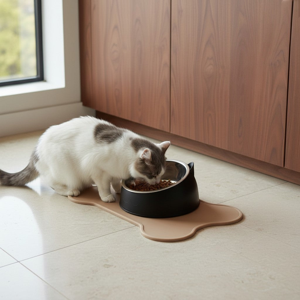 Chat blanc et gris mangeant dans une gamelle Bofélin inclinée en inox avec base ergonomique sur un tapis beige