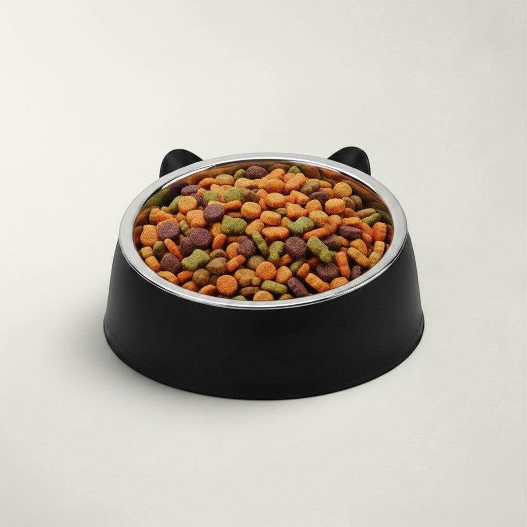 Gamelle Bofélin inclinée noire avec bol en inox amovible remplie de croquettes pour chat