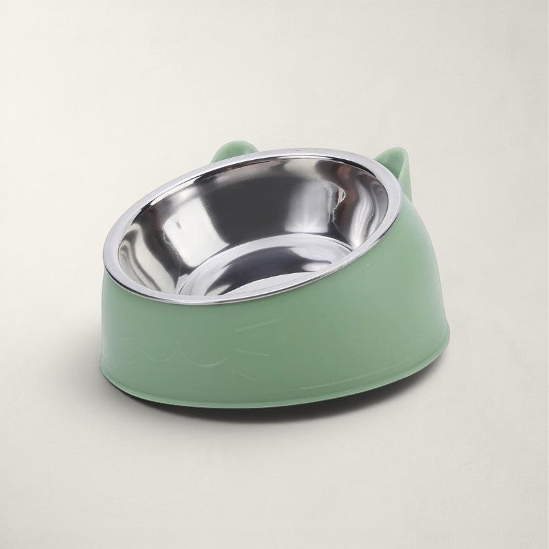 Gamelle pour chat Bofélin inclinée vert pastel avec bol en inox amovible et base en forme de tête de chat Image