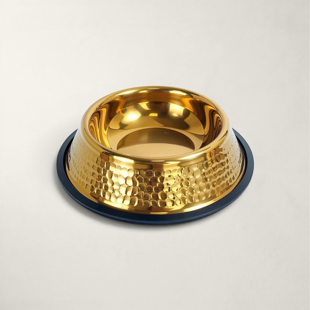Gamelle Bofélin pour chat en inox doré martelé avec base antidérapante noire, design élégant et durable.
