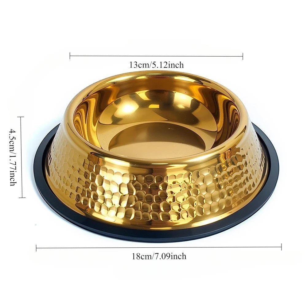 Gamelle Bofélin pour chat en inox doré martelé avec base antidérapante noire, diamètre 18 cm