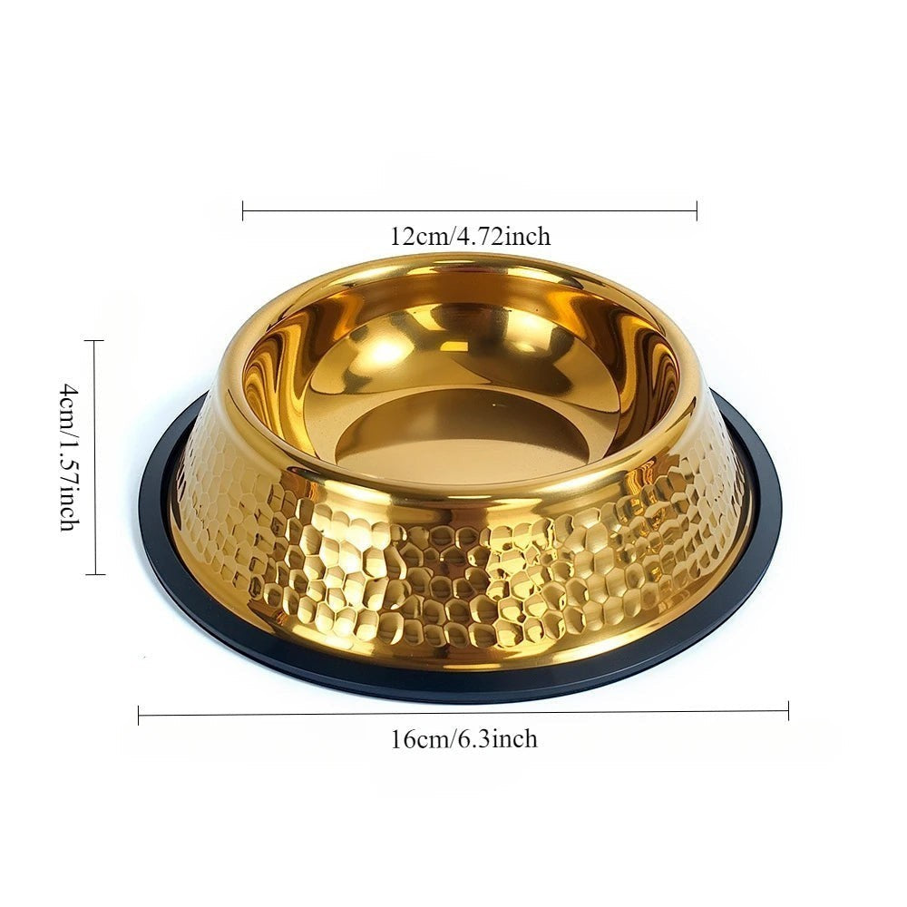 Gamelle Bofélin pour chat en inox doré martelé avec base antidérapante noire, vue de dessus avec dimensions