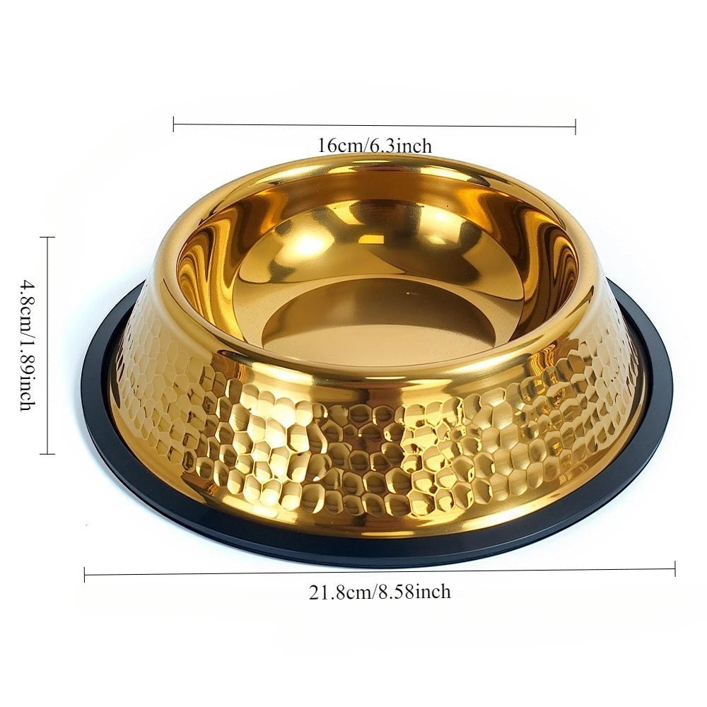 Gamelle pour chat Bofélin en inox doré martelé avec base antidérapante noire, design élégant et durable