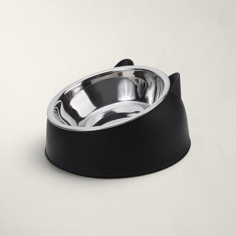 Gamelle Bofélin inclinée pour chat avec bol amovible en inox et base noire en forme de tête de chat