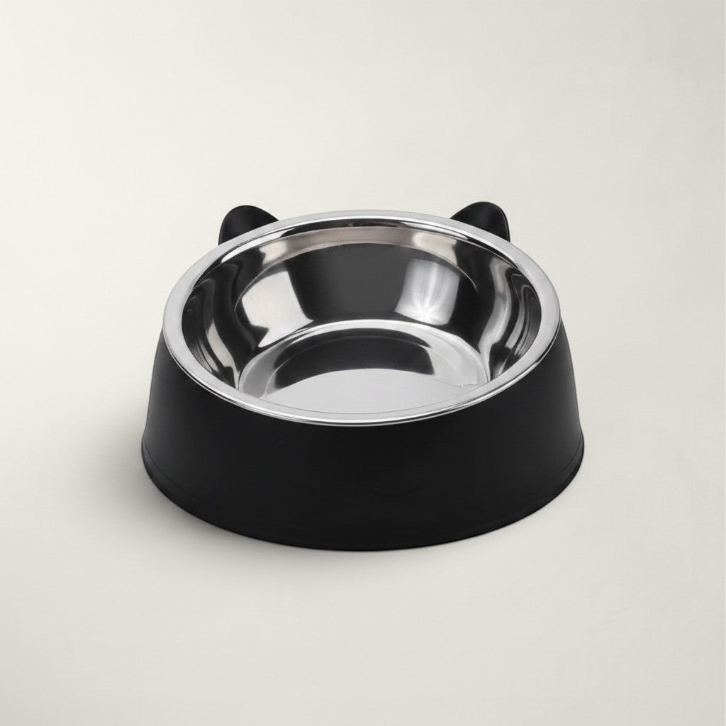 Gamelle pour chat Bofélin avec bol en inox amovible et base noire inclinée en forme de tête de chat