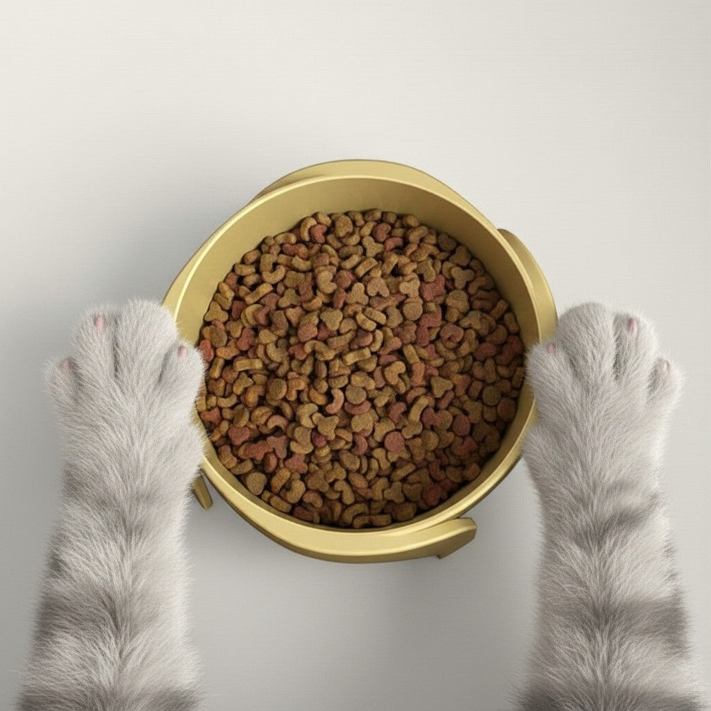 Gamelle surélevée Bofélin jaune inclinée pour chat remplie de croquettes avec pattes de chat visibles