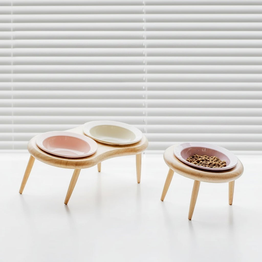 Bofélin double gamelle surélevée pour chat avec bols en céramique colorés et support en bois naturel ergonomique