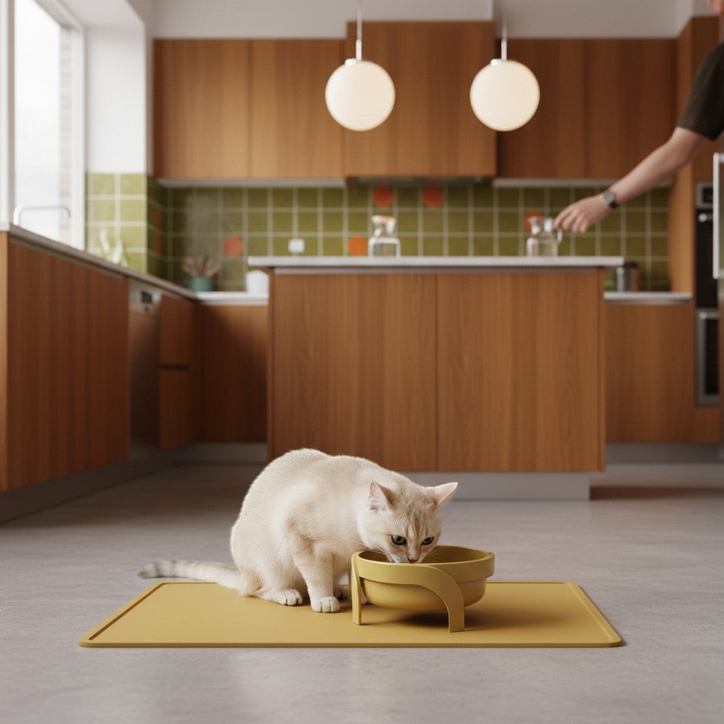 Chat beige mangeant dans une gamelle surélevée jaune Bofélin sur un tapis en silicone dans une cuisine moderne Image