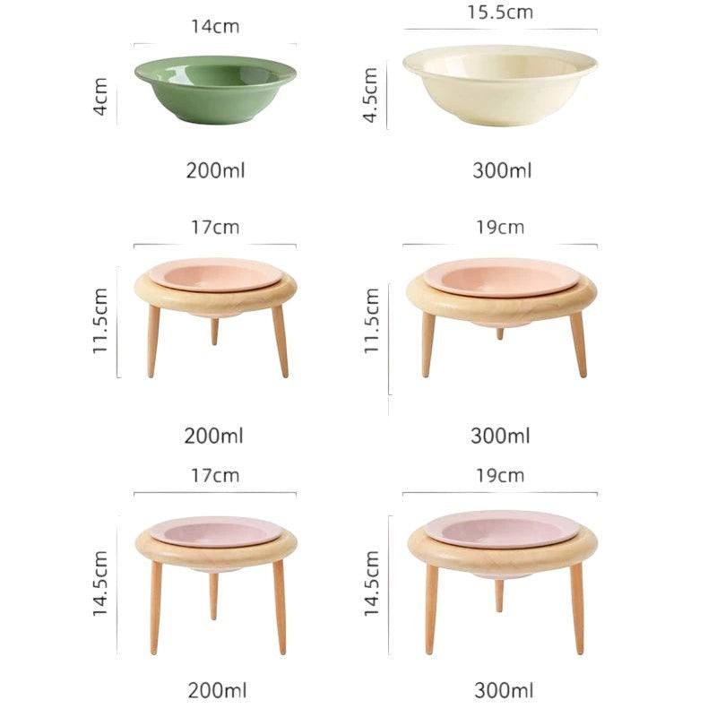 Gamelle surélevée pour chat Bofélin avec bols en céramique colorés et support en bois naturel, différentes tailles.
