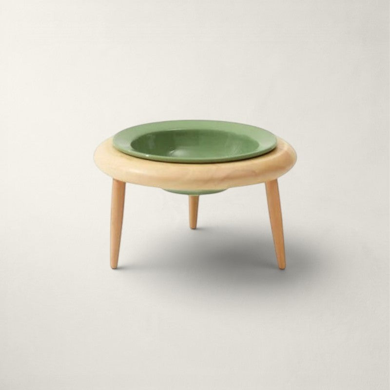 Gamelle surélevée Bofélin avec bol en céramique vert olive et support en bois naturel pour chat