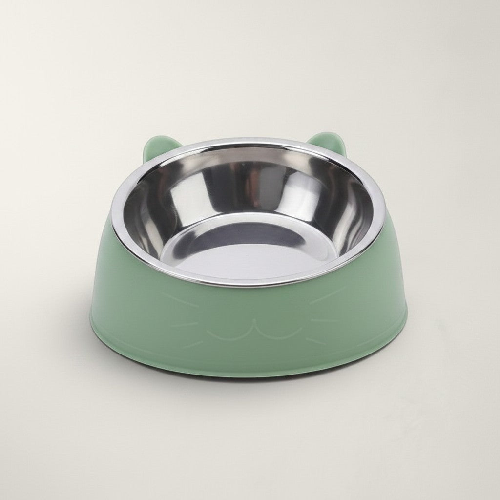 Gamelle pour chat Bofélin verte avec bol en inox amovible et base inclinée en forme de tête de chat