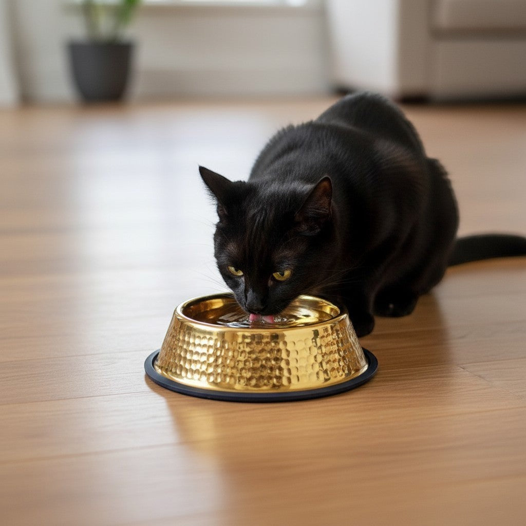 Chat noir buvant dans une gamelle Bofélin en inox doré martelé avec une base antidérapante noire sur un sol en bois