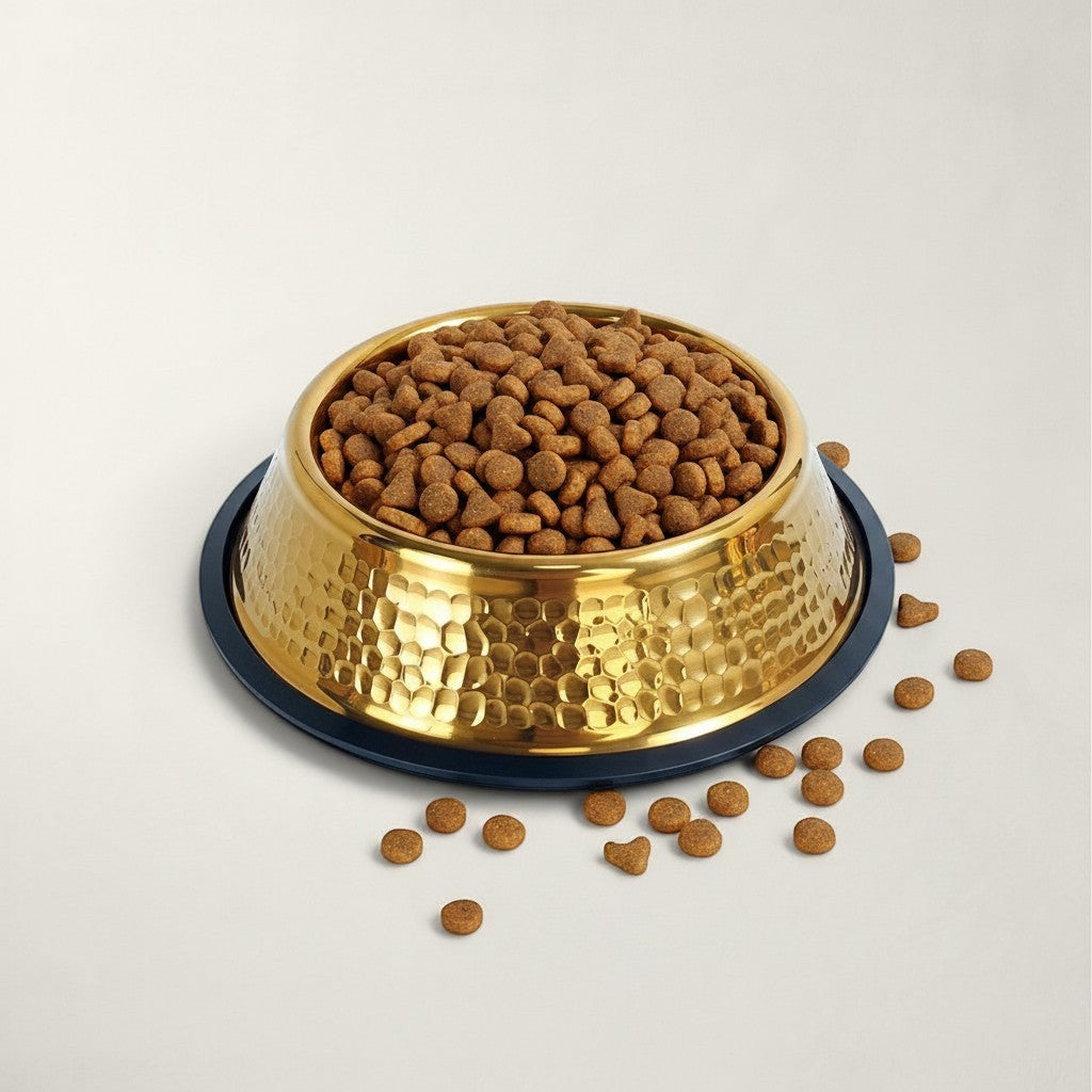 Gamelle Bofélin en inox doré martelé avec base antidérapante noire remplie de croquettes pour chat
