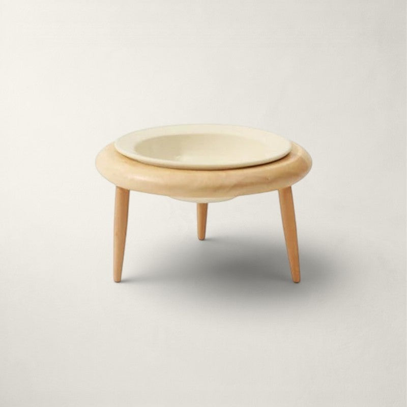 Gamelle surélevée Bofélin avec bol en céramique blanc et support en bois naturel sur pieds pour chat