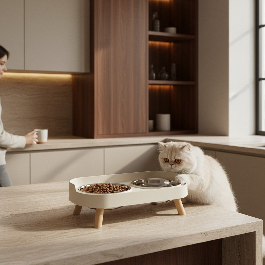 Double gamelle surélevée Bofélin avec bols en inox et pieds en bois, utilisée par un chat dans une cuisine moderne. Image