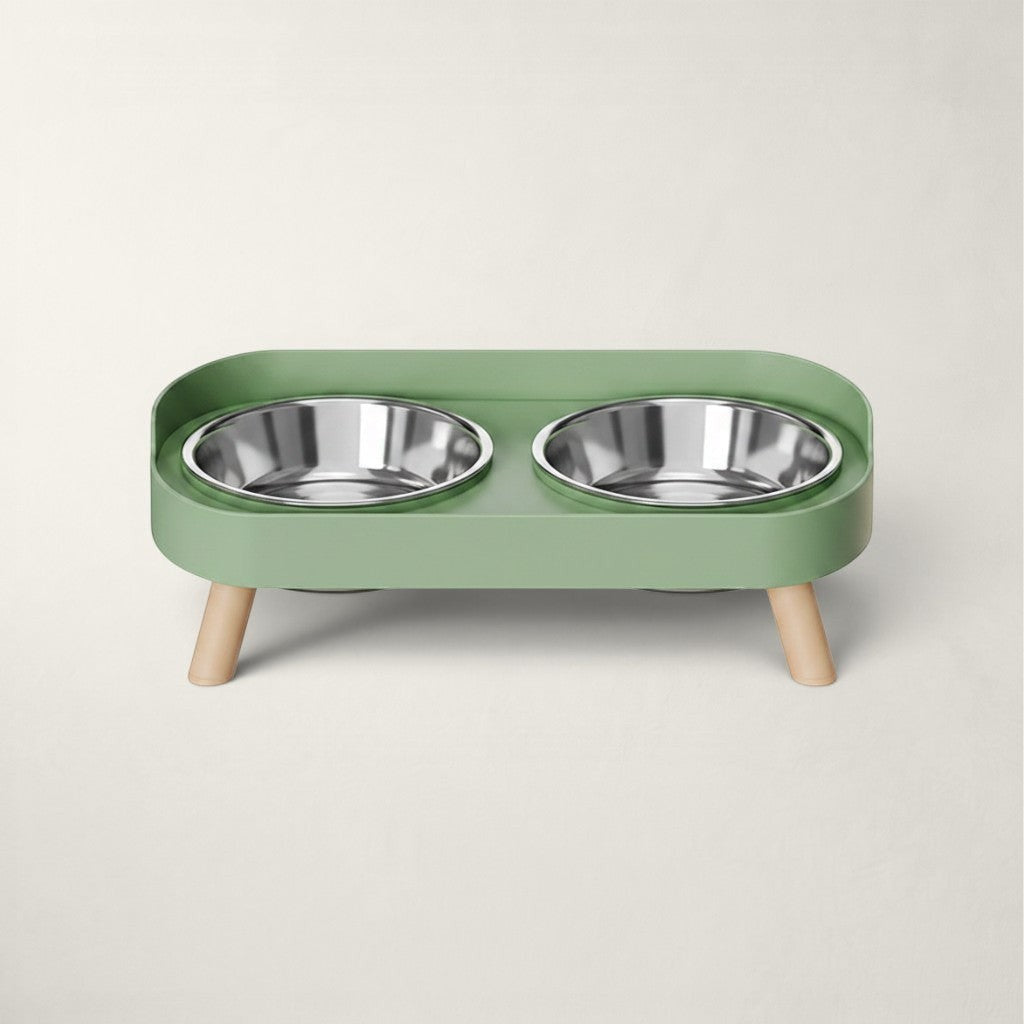 Double gamelle surélevée Bofélin vert olive avec bols en inox amovibles et pieds en bois pour chat