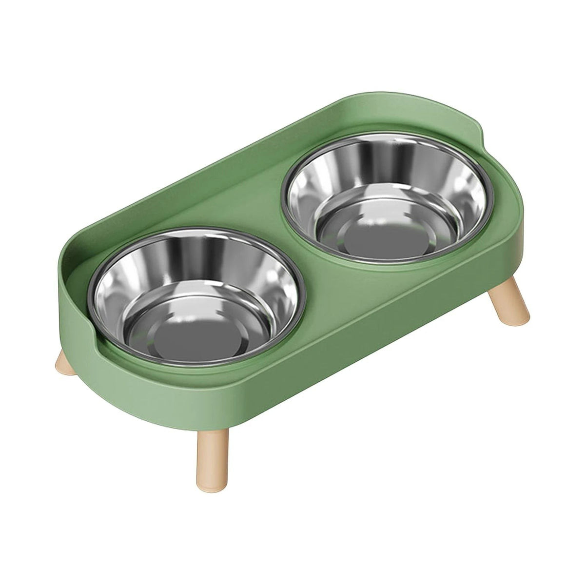 Double gamelle surélevée Bofélin vert olive avec bols en inox amovibles et pieds en bois pour chat