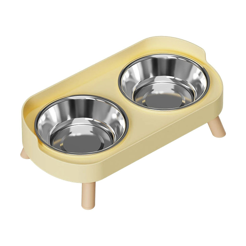 Double gamelle surélevée Bofélin jaune avec bols en inox amovibles et pieds en bois pour une posture confortable