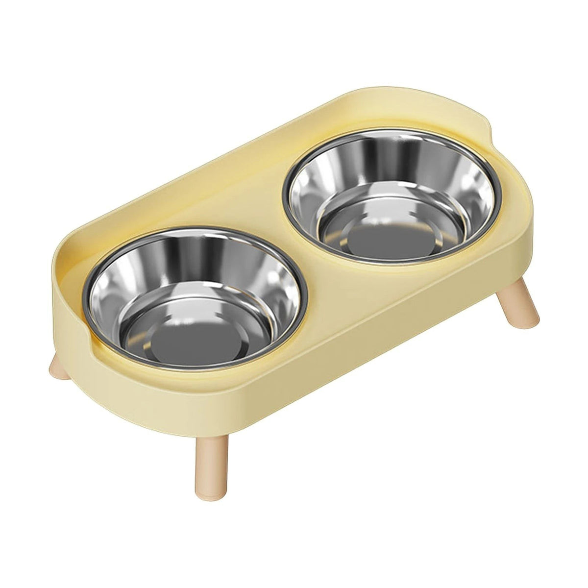 Double gamelle surélevée Bofélin jaune avec bols en inox amovibles et pieds en bois pour une posture confortable