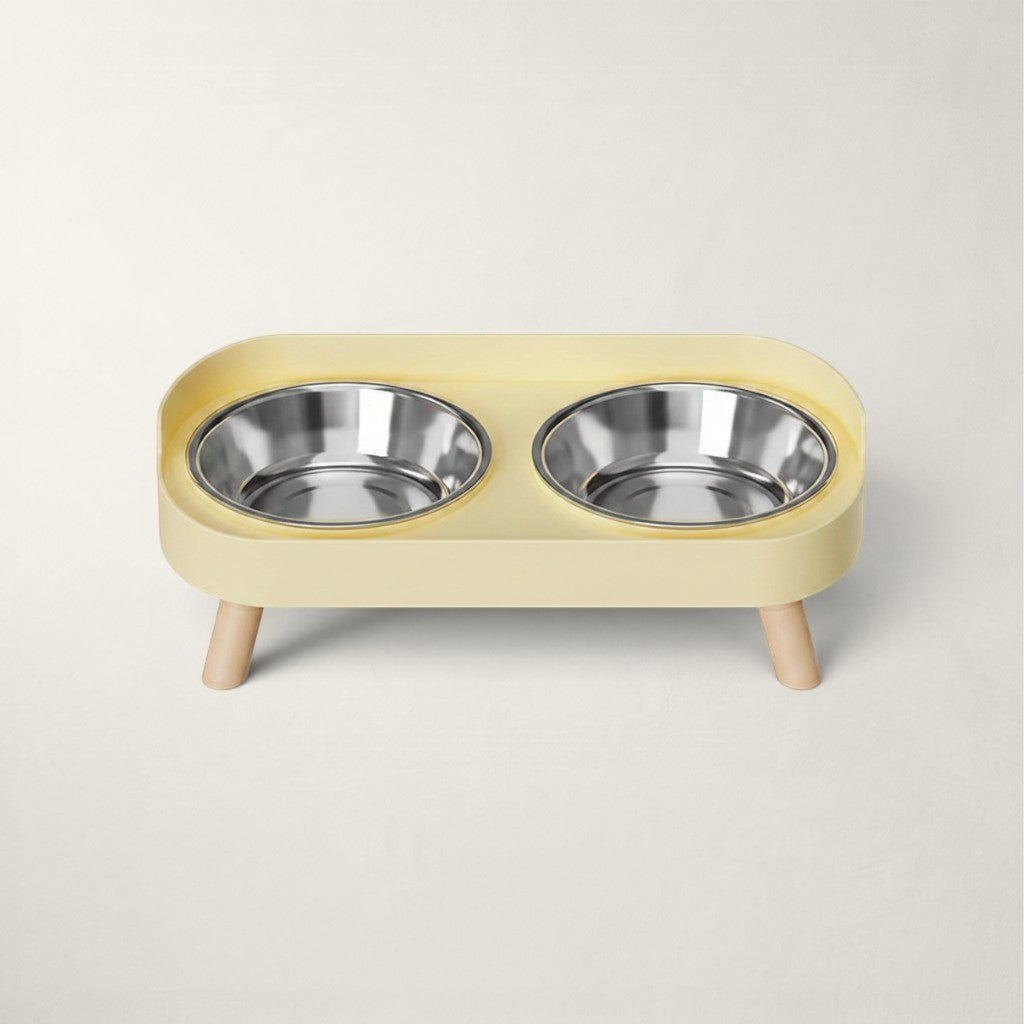 Double gamelle surélevée Bofélin jaune avec bols en inox amovibles et pieds en bois pour chat
