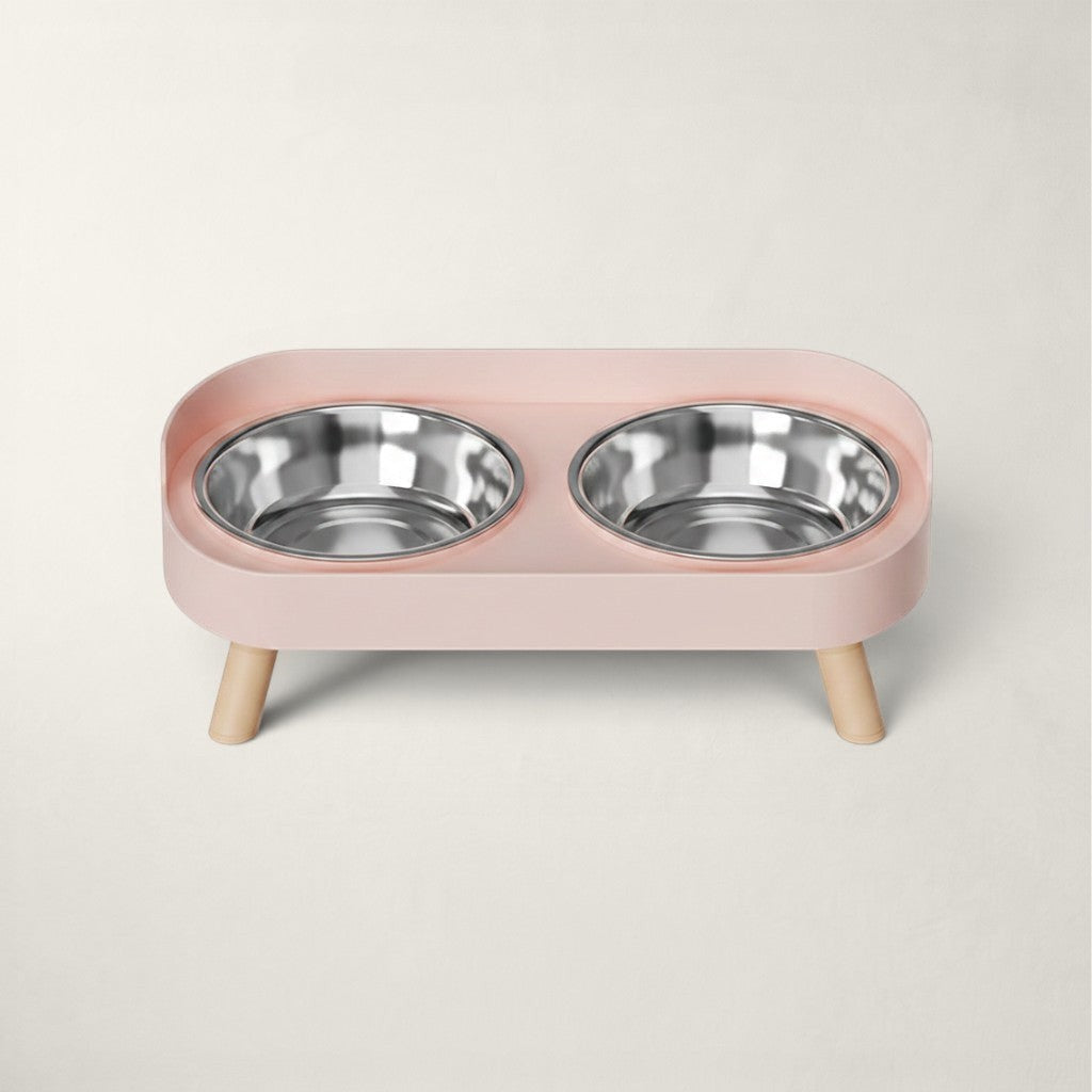Double gamelle surélevée Bofélin rose clair avec bols en inox amovibles et pieds en bois pour chat