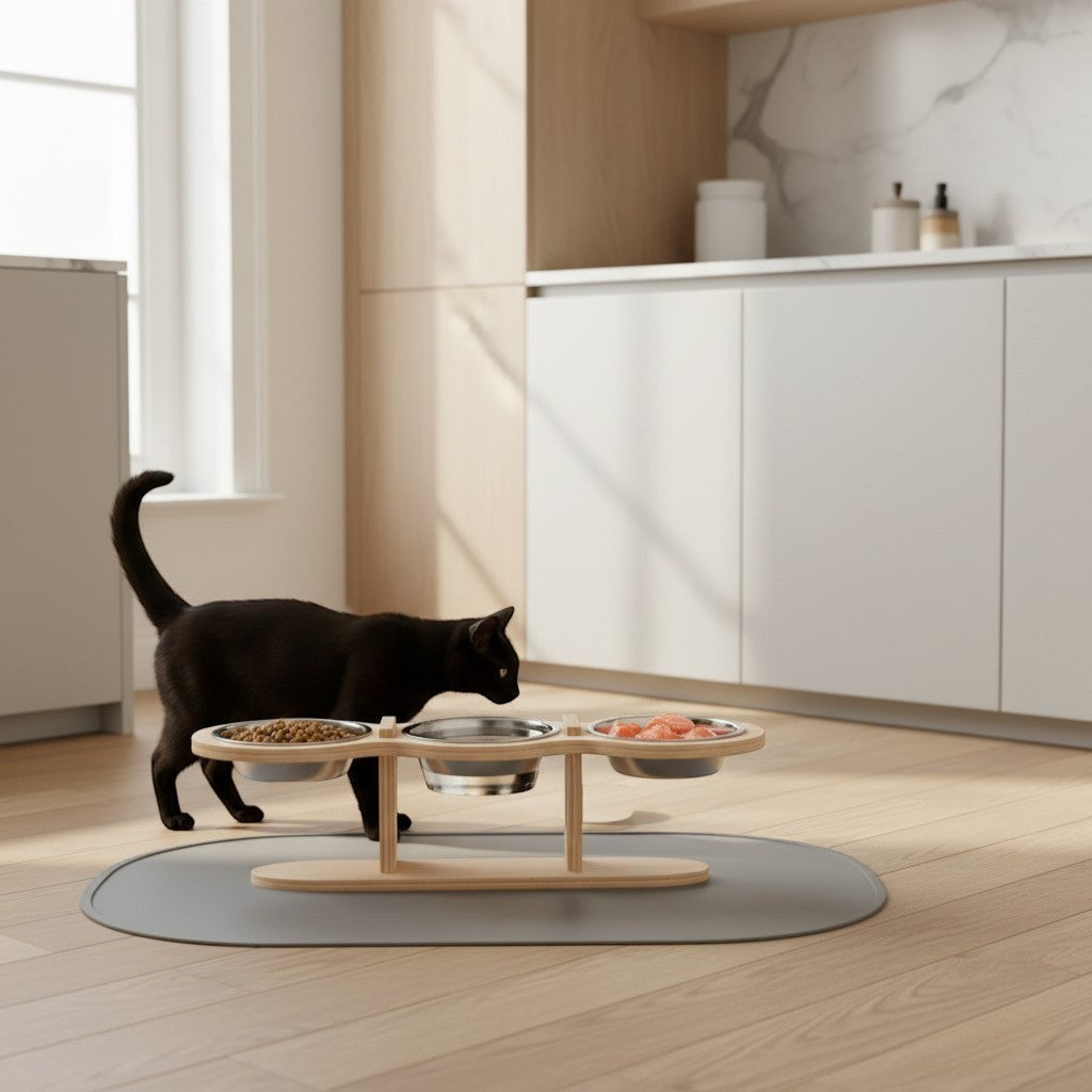Station de repas Bofélin surélevée en bambou avec trois bols en inox inclinés pour chat dans une cuisine moderne Image