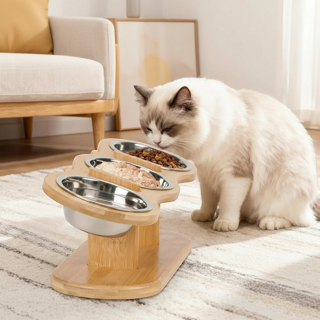 Gamelle surélevée Bofélin en bambou avec trois bols en inox inclinés à 15 degrés pour un chat mangeant confortablement