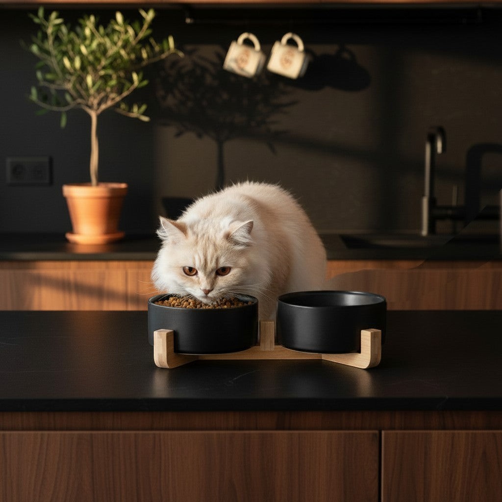 Chat mangeant dans un jeu de gamelles surélevées Bofélin avec bols noirs en céramique et support en bois naturel Image