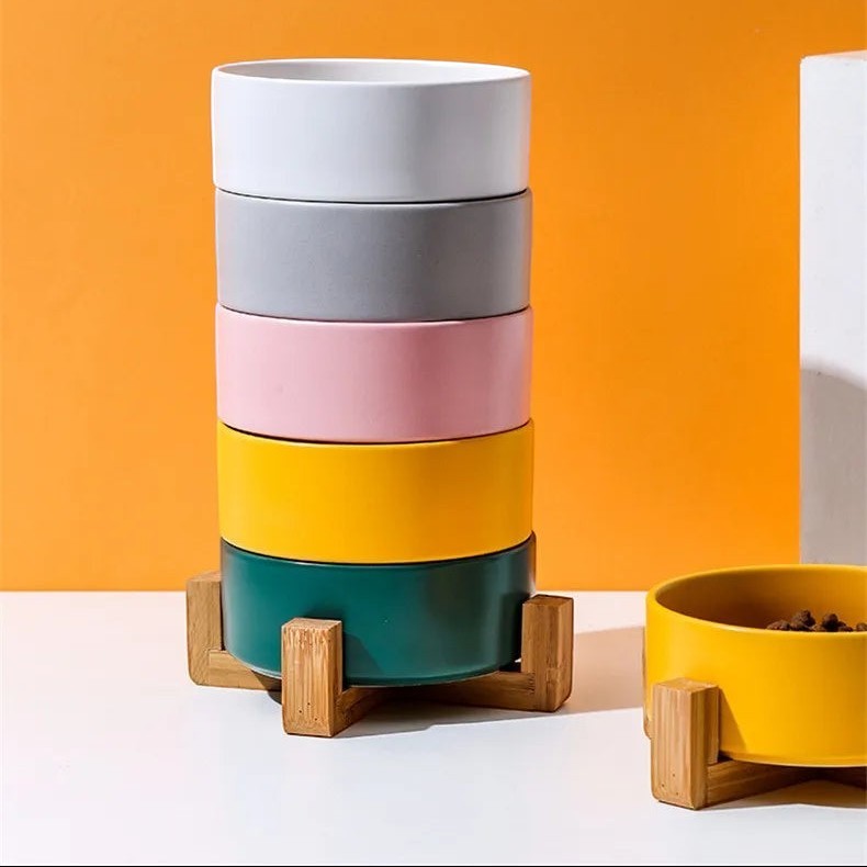 Bofélin jeu de gamelles surélevées pour chat avec bols en céramique colorés empilés et supports en bois naturel