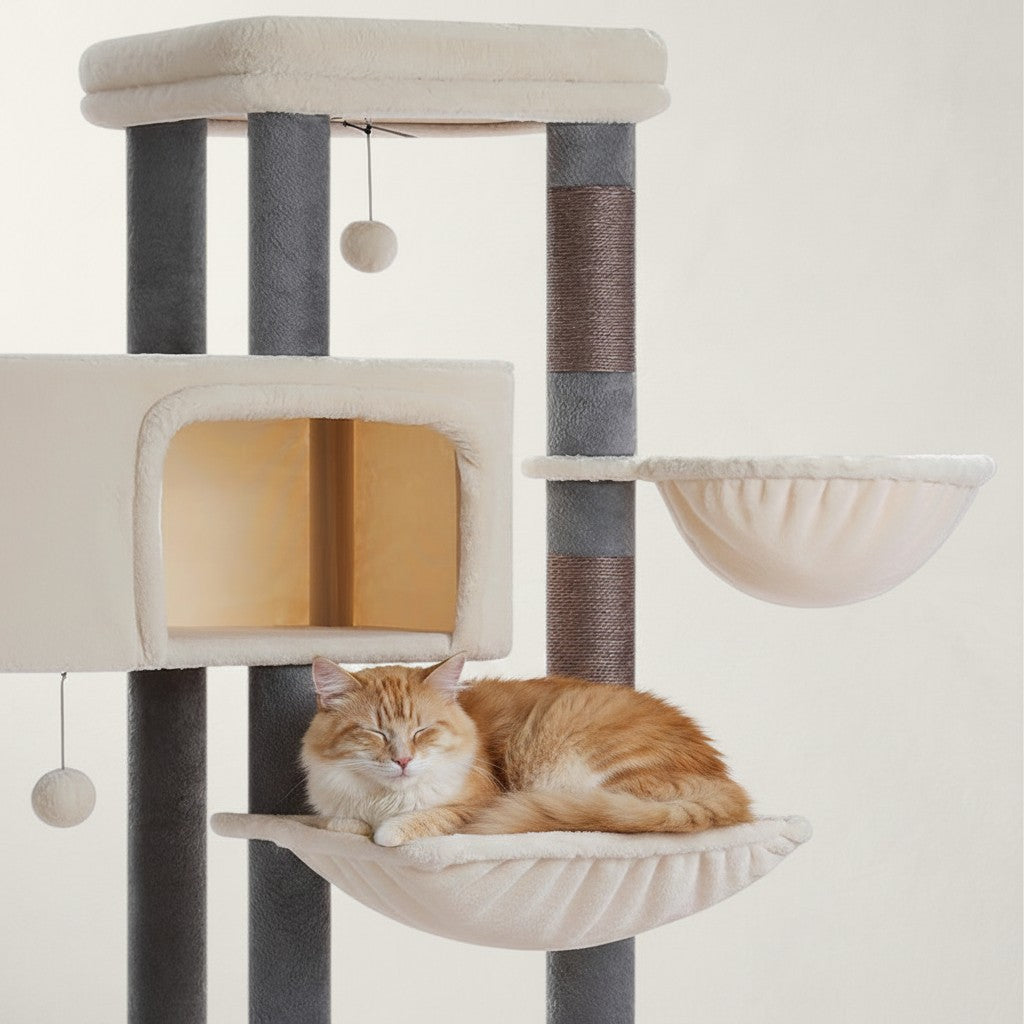 Grand arbre à chat Bofélin beige et gris avec niches, hamacs et poteaux en sisal, chat roux dormant sur une plateforme