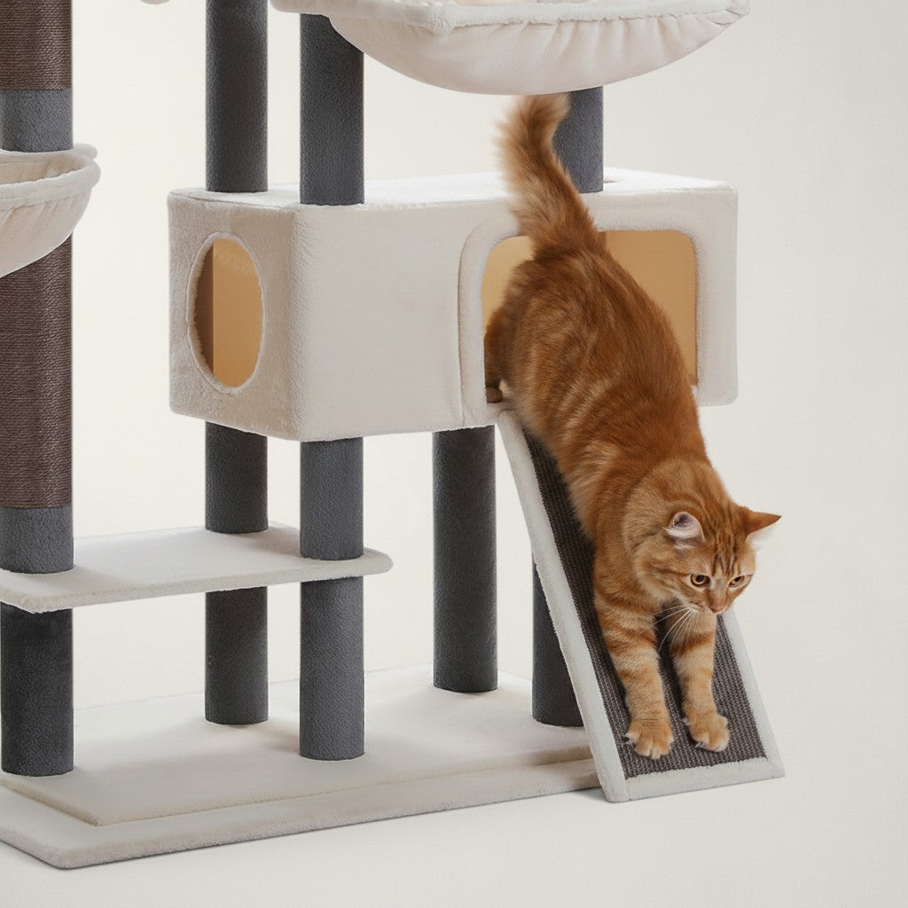 Grand arbre à chat XXL Bofélin beige et gris avec rampe, niches et chat roux descendant de la plateforme
