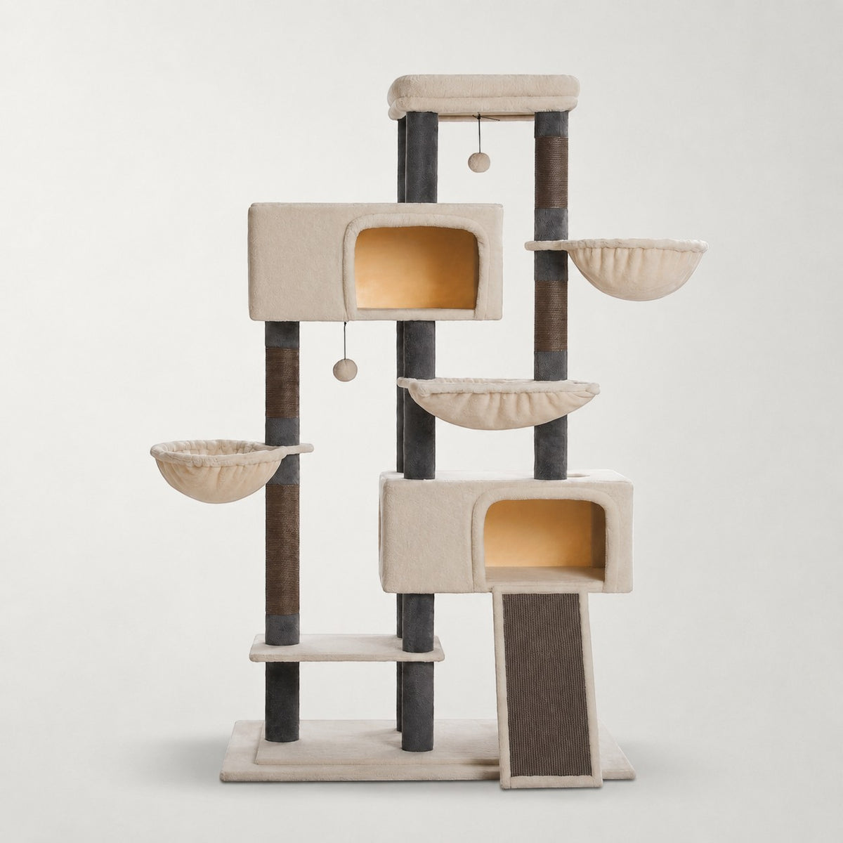 Grand arbre à chat XXL Bofélin beige et gris avec niches, hamacs, plateformes et poteaux en sisal pour grands chats