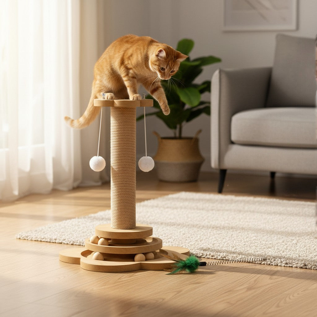 Griffoir pour chat Bofélin en bois clair et sisal avec balles, pompons et plumeau, utilisé par un chat roux. Image