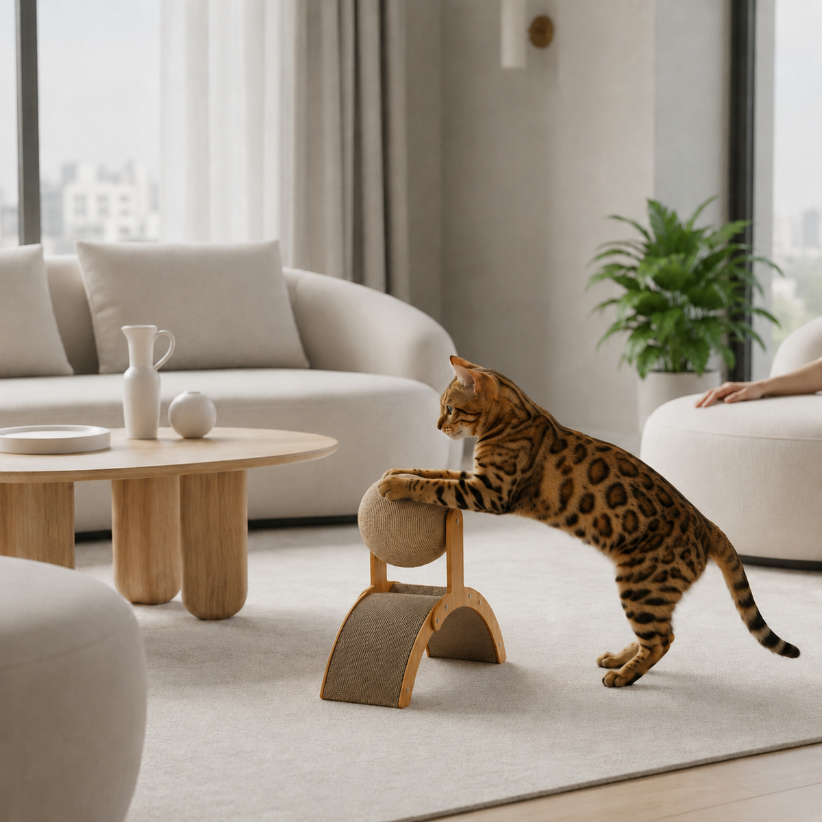 Griffoir Bofélin en bois clair avec arche en carton ondulé et boule rotative en sisal naturel pour chat Image