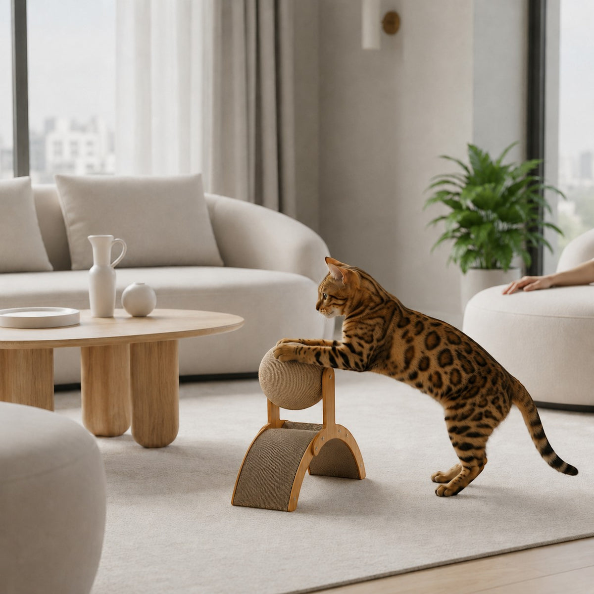Griffoir Bofélin en bois clair avec arche en carton ondulé et boule rotative en sisal naturel pour chat