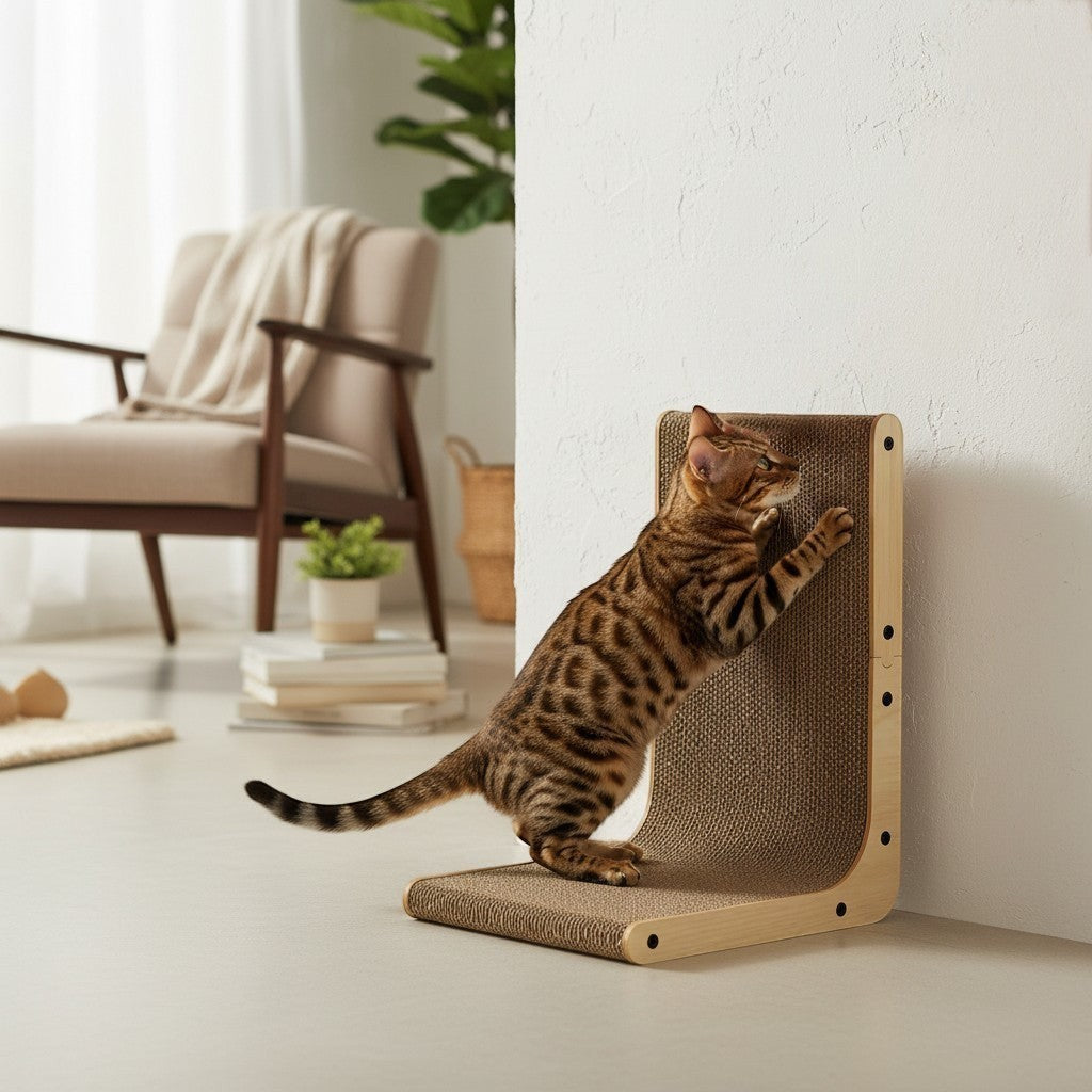 Griffoir pour chat Bofélin en carton ondulé et bois clair en forme de L, utilisé par un chat Bengal contre un mur.