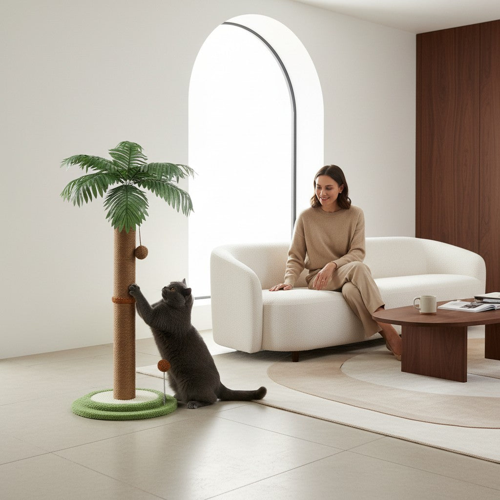 Griffoir à chat Bofélin en forme de palmier avec corde sisal, feuillage vert et jouets suspendus dans un salon
