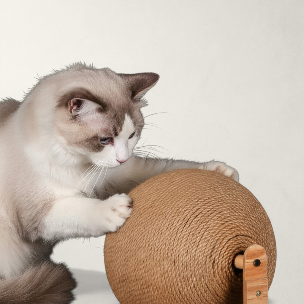 Chat Ragdoll jouant avec un griffoir Bofélin en bois clair, carton ondulé et boule en corde de sisal rotative Image