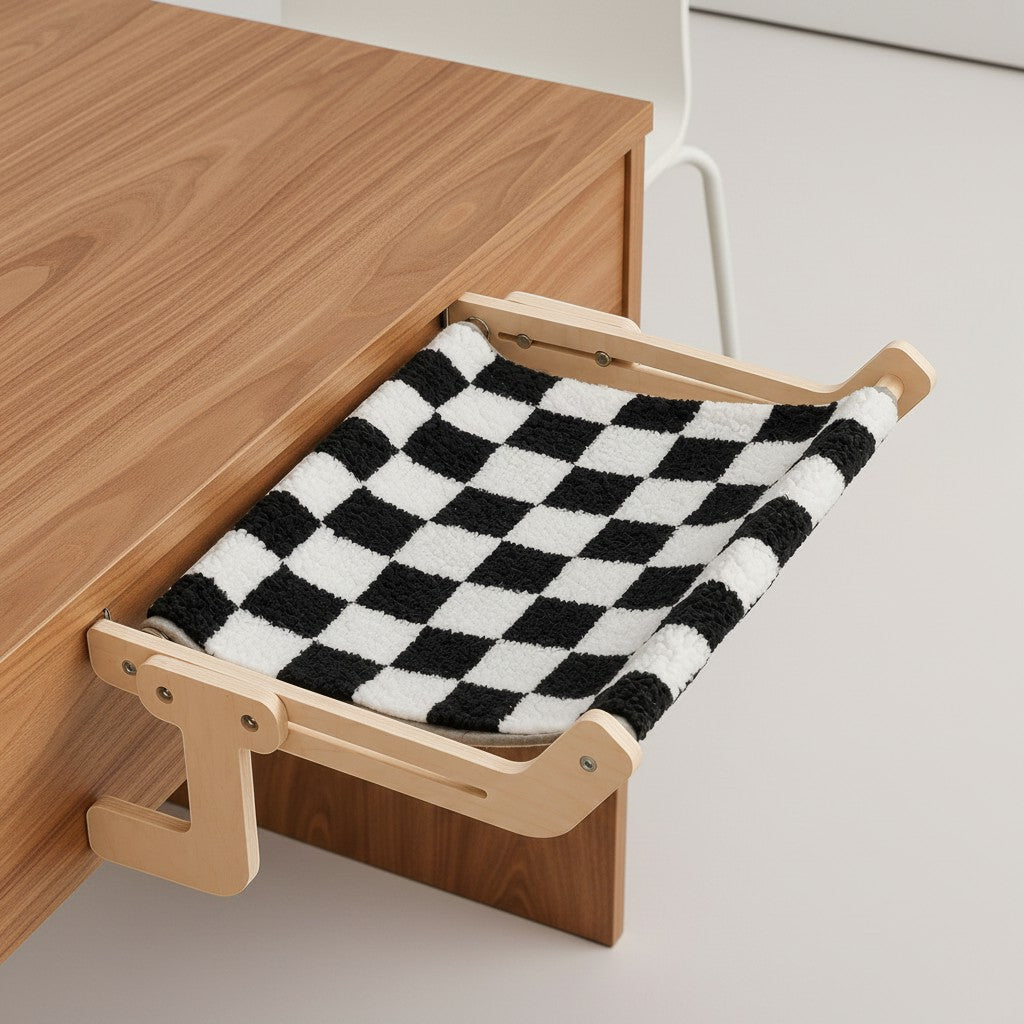 Hamac pour chat Bofélin avec cadre en bois naturel et toile à motif damier noir et blanc, fixé sur un bureau.