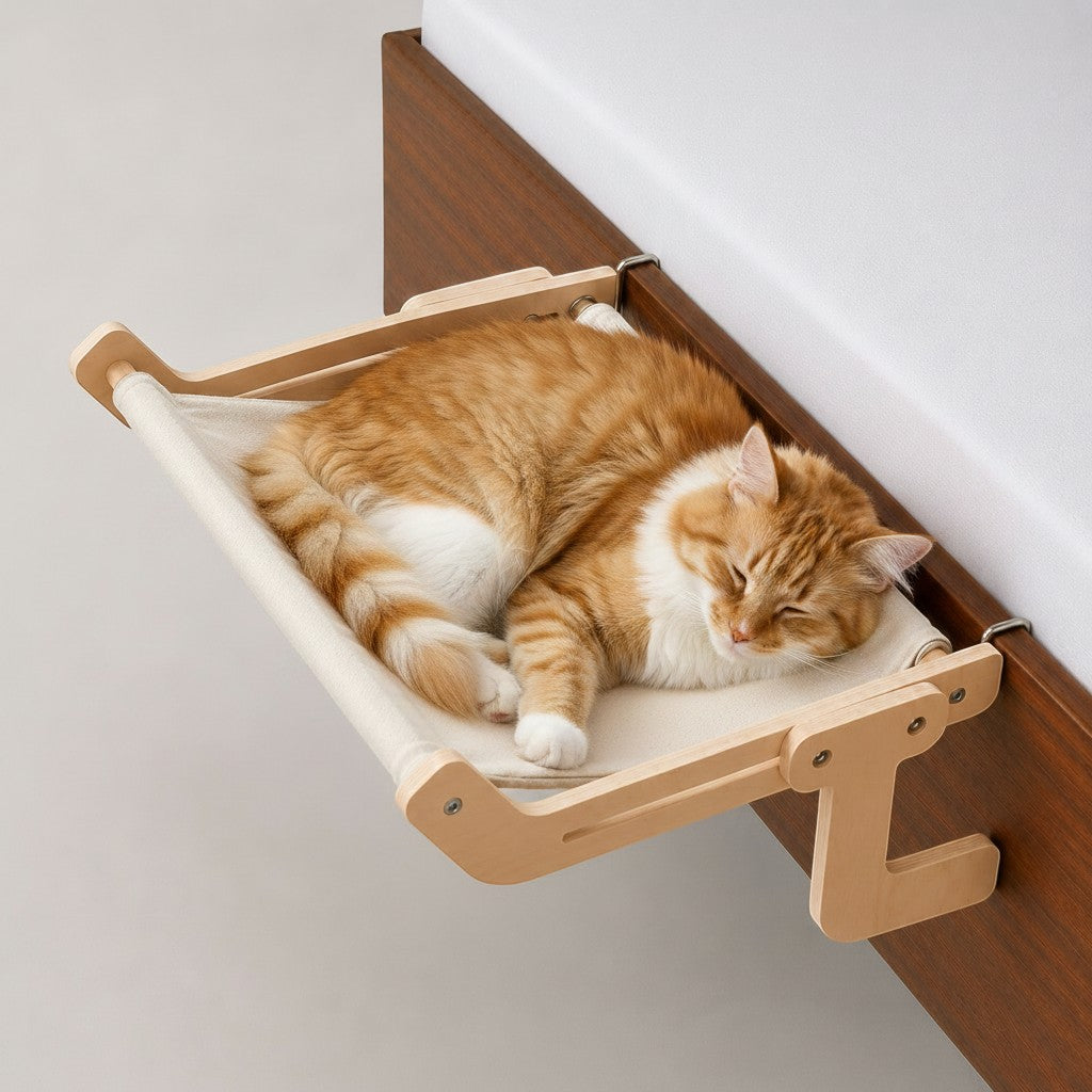 Chat roux dormant sur un hamac Bofélin en bois naturel et toile beige fixé au bord d'un lit