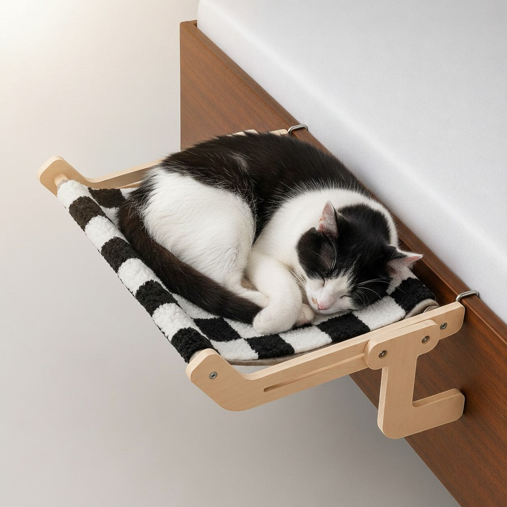 Hamac pour chat Bofélin avec cadre en bois naturel et toile à carreaux noirs et blancs fixé sur un rebord de lit
