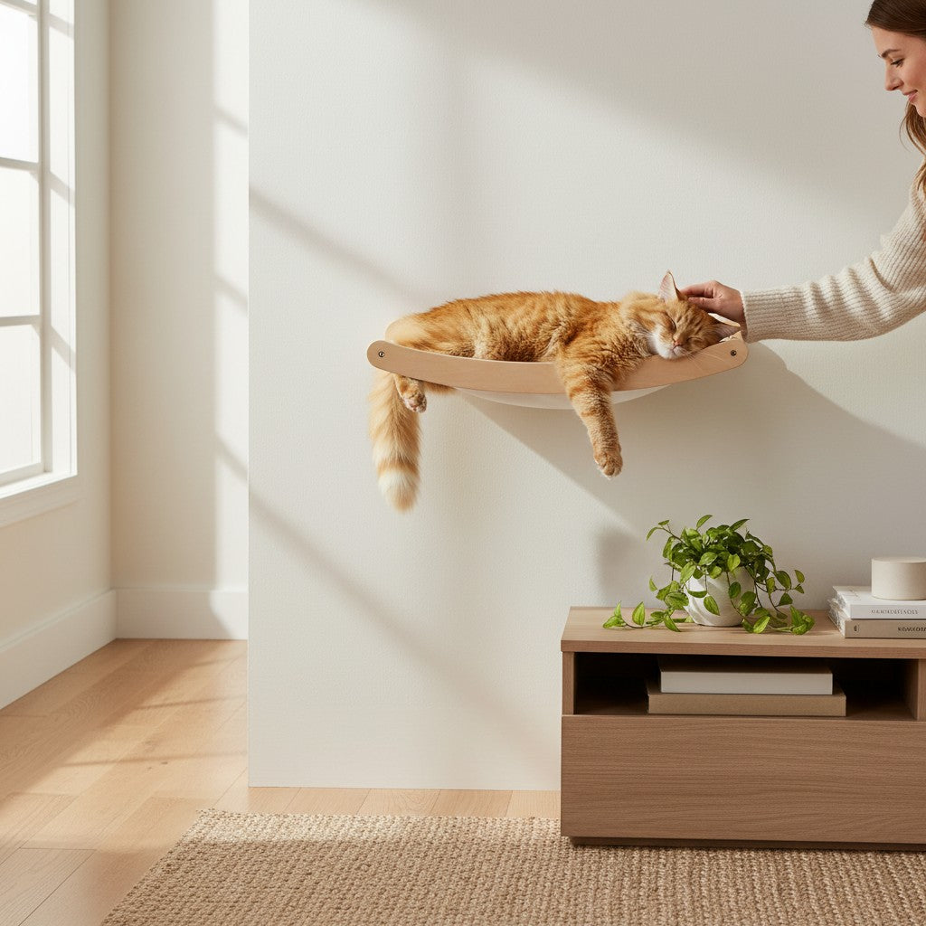 Hamac mural Bofélin en bois naturel et toile beige avec un chat roux qui se repose, fixé au mur dans un salon.