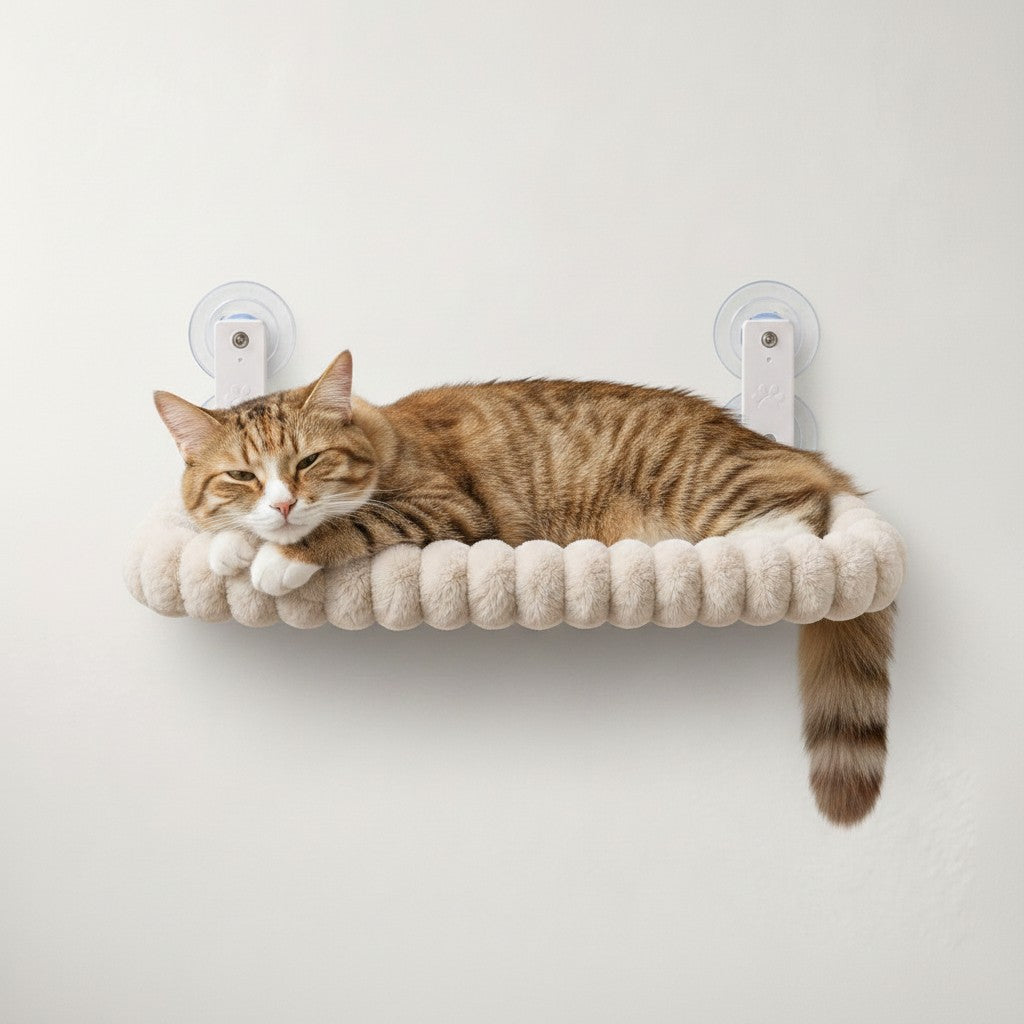 Chat tigré couché sur un hamac de fenêtre Bofélin blanc en tissu moelleux fixé par ventouses sur une vitre