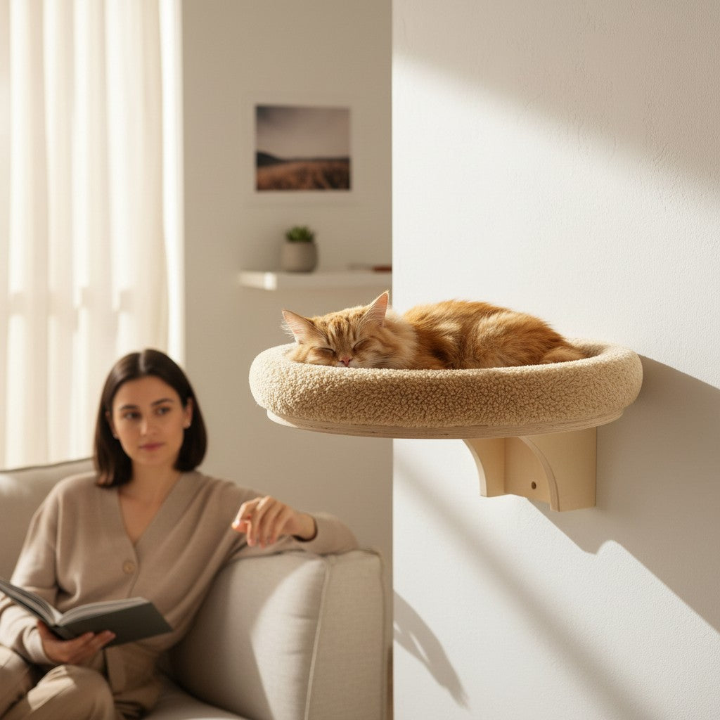 Hamac mural Bofélin en bois naturel avec coussin beige en fausse fourrure, chat roux dormant dessus dans un salon.