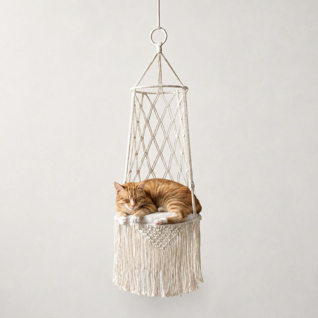Chat roux dormant dans un hamac suspendu en macramé blanc Bofélin avec des détails tressés et des franges. Image