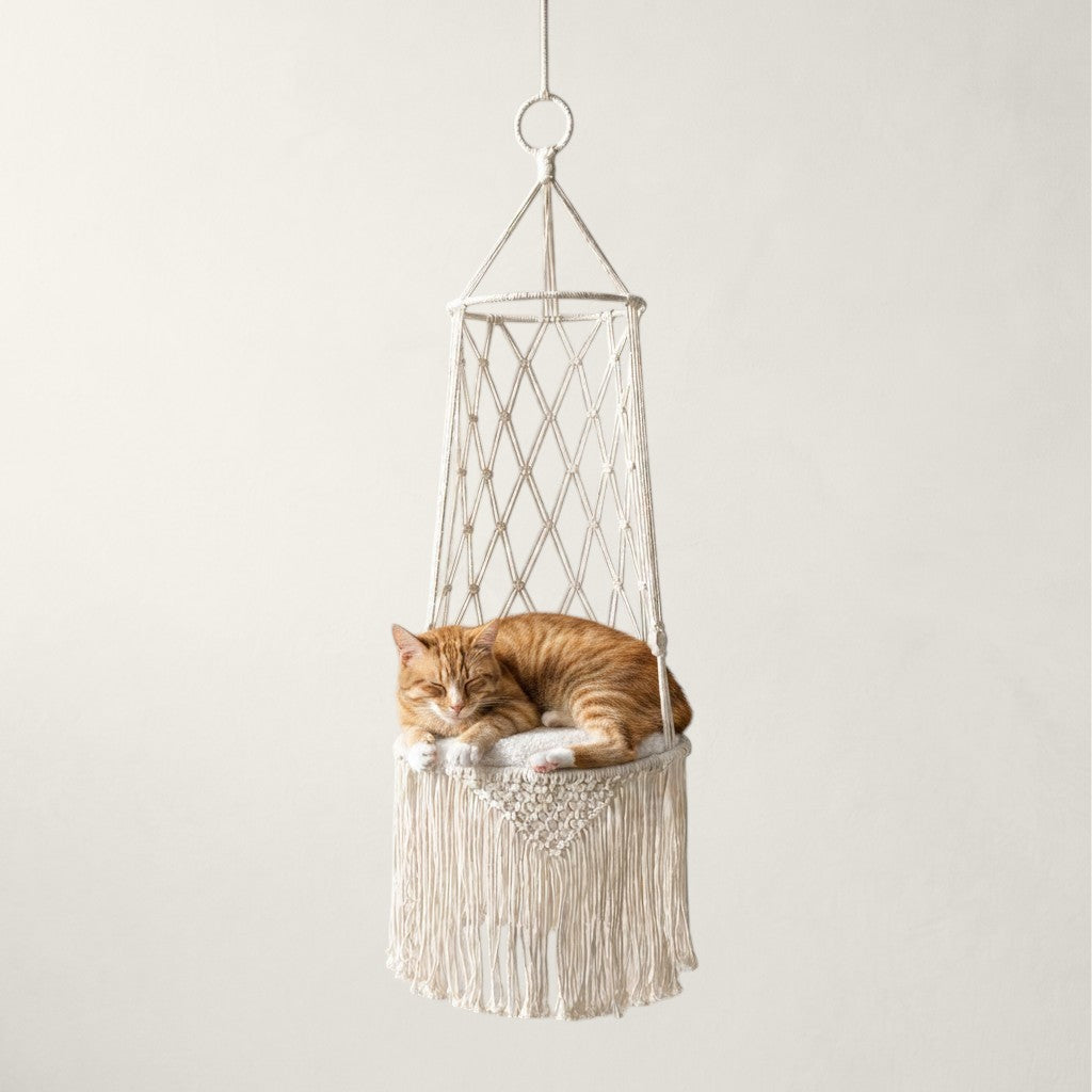 Chat roux dormant dans un hamac suspendu en macramé blanc Bofélin avec des détails tressés et des franges.